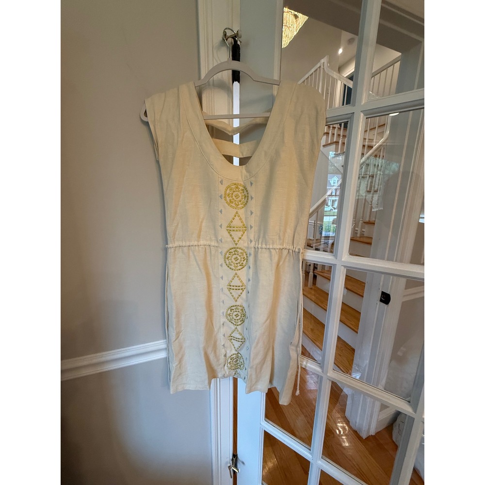 Lauren Moffatt Cream Linen Embroidered Mini Dress Open Back Size 2